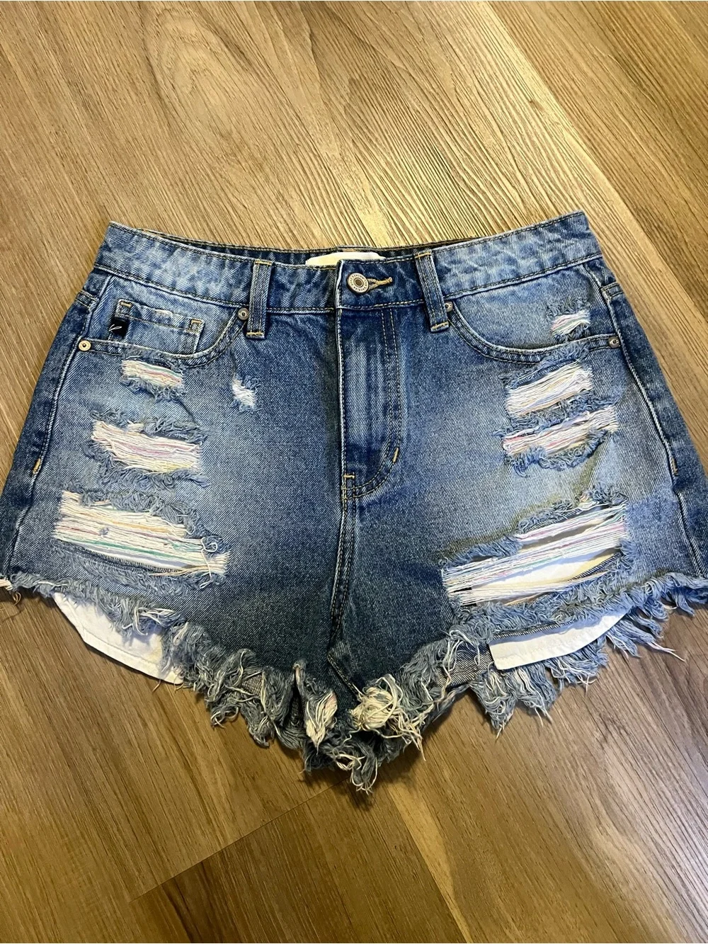Kancan rainbow stitch Distressed High-Rise Denim Shorts Sz med excellent!